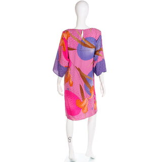 Vintage 1980s Flora Kung Silk Shift Dress in Pink Orange and Blue Bold Print