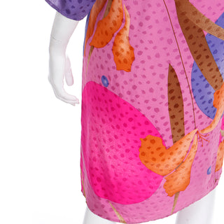 Vintage 1980s Flora Kung Silk Dress in Pink Orange and Blue Bold Print Abstract design