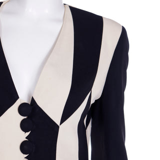 1990s Franco Moschino Vintage Cheap & Chic Black & Cream Stripe Collarless Jacket Italy