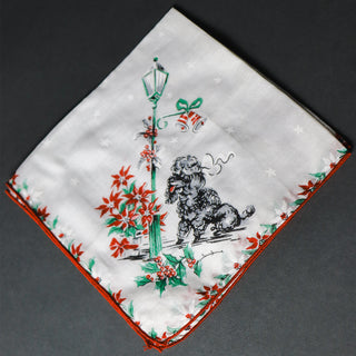 Mid Century Vintage Unused French Poodle Handkerchief Holiday Theme
