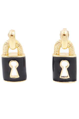 1990s Givenchy Vintage Black Enamel and Gold Plate Padlock Pierced Earrings