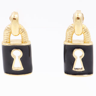 1990s Givenchy Vintage Black Enamel and Gold Plate Padlock Key Hole Pierced Earrings