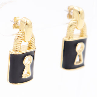 1990s Givenchy Vintage Black Enamel and Gold Plate Padlock Pierced Earrings Skeleton key