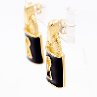 1990s Givenchy Vintage Black Enamel and Gold Plate Padlock Skeleton key hole Pierced Earrings