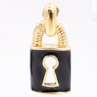 1990s Givenchy Vintage Black Enamel and Gold Plate Skeleton Keyhole Padlock Pierced Earrings