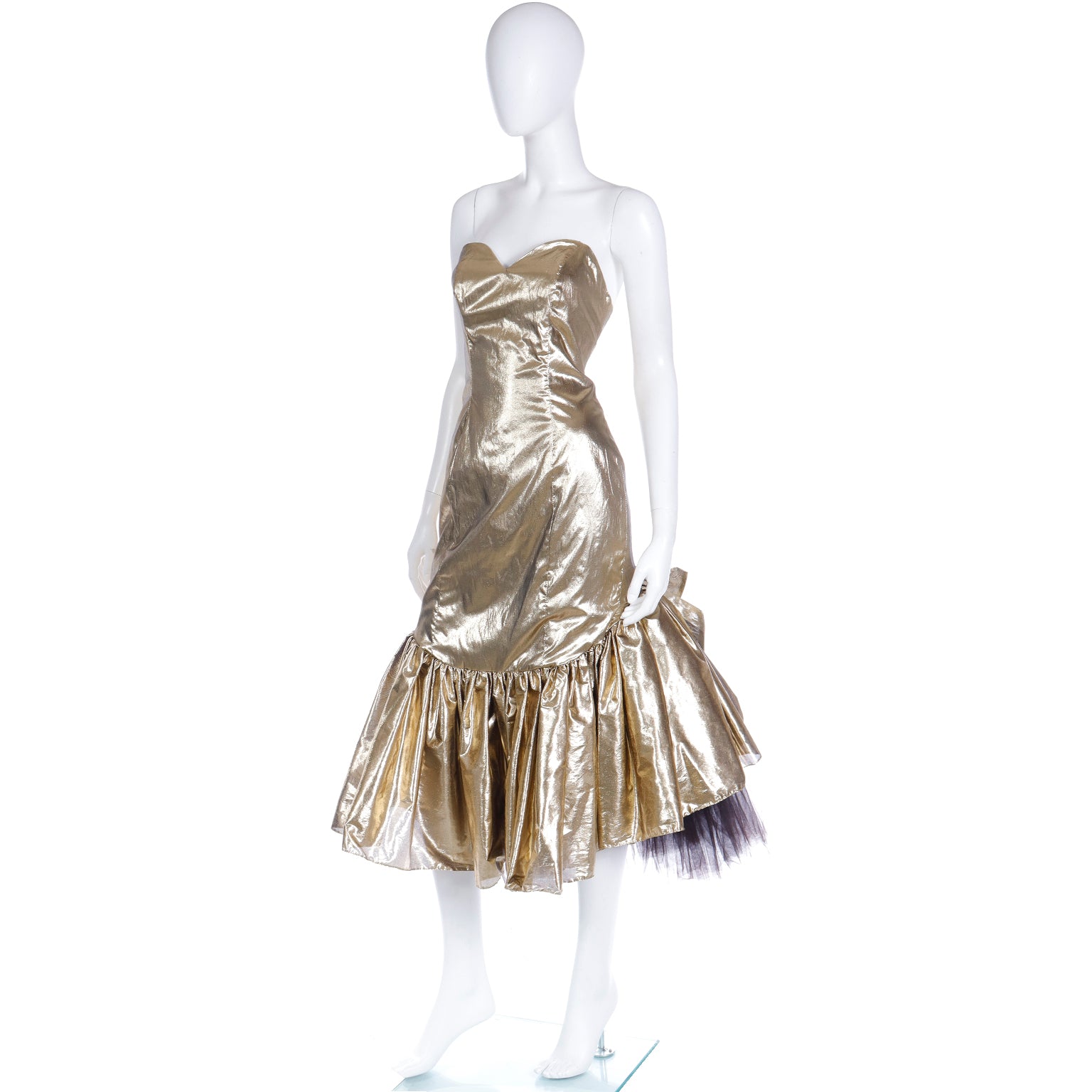 Vintage 80s Gold Lame Strapless Ruffled Evening Dress w Tulle Modig Vintage 80s Gold Lame Strapless Ruffled Evening Dress w Tulle Modig