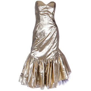 Vintage 1980s Gold Lame Strapless Ruffled Evening Dress w Tulle & Bow