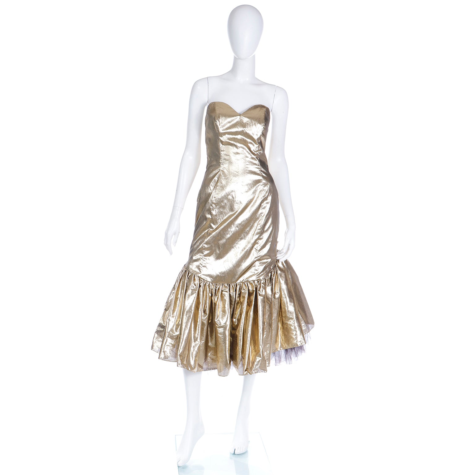 1980s Gold Lame Strapless Ruffled Evening Dress w Tulle 1980s Gold Lame Strapless Ruffled Evening Dress w Tulle