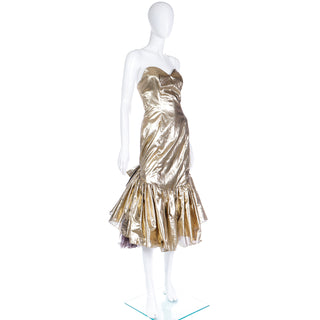 80s Gold Lame Strapless Ruffled Evening Dress w Tulle & Sweetheart Neckline