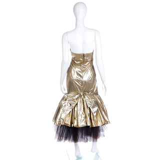1980s Gold Lame Strapless Ruffled Dress w Tulle