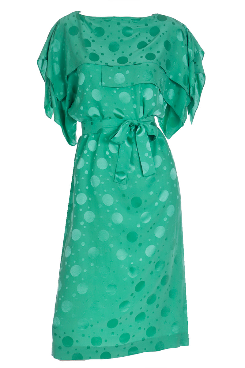 1970s Vintage Green Silk Tonal Dot Print Dress w Layered Sleeves Modig 1970s Vintage Green Silk Tonal Dot Print Dress w Layered Sleeves Modig