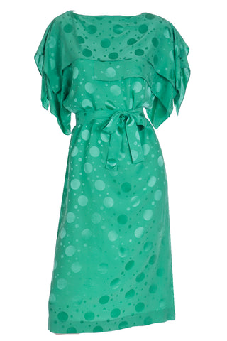 1970s Green Silk Tonal Dot Print Dress w Tiered Sleeves & Sash Belt
