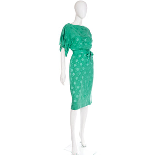 1970s Green Silk Tonal Dot Print Dress w Tiered Sleeves & Sash Belt Medium