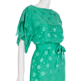 1970s Green Silk Tonal Dot Print Dress w Tiered Sleeves & Sash Belt Labeled Size 8