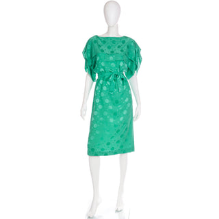 Vintage 1970s Green Silk Tonal Dot Print Dress w Tiered Sleeves & Sash Belt