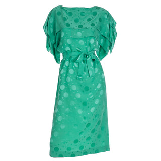 Vintage 1970s Green Silk Tonal Polka Dot Print Dress w Tiered Sleeves & Sash Belt