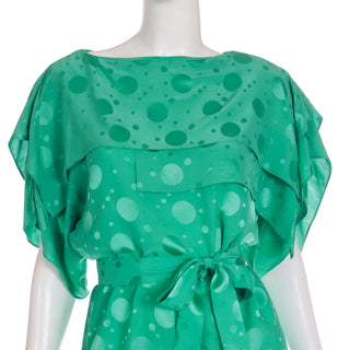 1970s Green Silk Tonal Dot Print Day Dress w Tiered Layered Sleeves & Sash Belt
