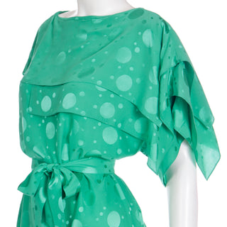 1970s Green Silk Tonal Dot Print Dress w Tiered Asymmetrical Sleeves & Sash Belt