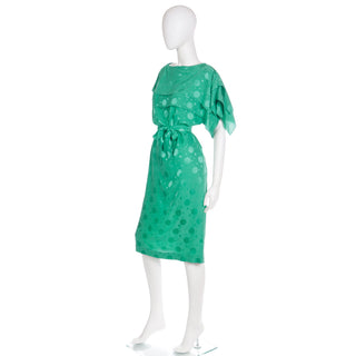 1970s Green Silk Tonal Dot Print Dress w Tiered Layered Sleeves & Sash Belt