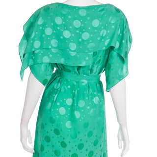 1970s Green Silk Tonal Dot Print Dress w Tiered Sleeves & Sash Belt and Bateau Neckline