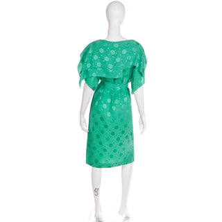 1970s Medium Green Silk Tonal Dot Print Dress w Tiered Sleeves & Sash Belt