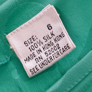 1970s Green Silk Tonal Dot Print Dress w Tiered Sleeves & Sash Belt Made in Hong Kong