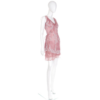 2000s Y2K Jiki Monte Carlo Vintage Mauve Pink Beaded Net Lace Overlay Silk Leopard Print Dress