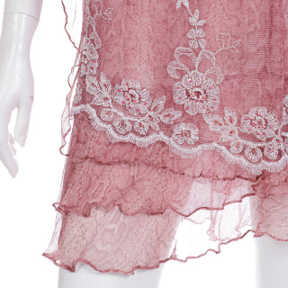 2000s Y2K Jiki Monte Carlo Vintage Mauve Pink Beaded Lace Dress w tiered hemline