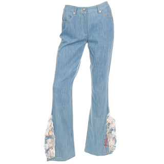 2000s John Galliano Light Wash Denim Flared Jeans With Patchwork embellishedHem