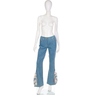 2000s John Galliano Light Wash Denim Flared Jeans With Patchwork trimmed Hem