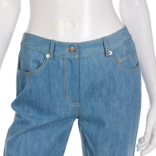 2000s John Galliano Light Wash Denim Flared Jeans With Patchwork Hem & Slits