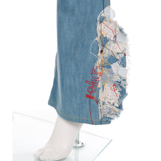 2000s John Galliano Light Wash Denim Flared Jeans With Topstitching &Patchwork Hem