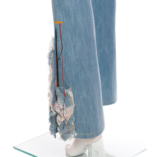 2000s John Galliano Light Wash Denim Flared Jeans With Patchwork Hem w slits