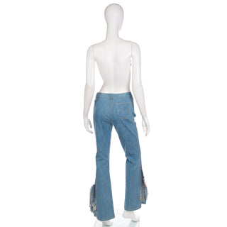 2000s John Galliano Light Wash Denim Flared Jeans W Patchwork Hem