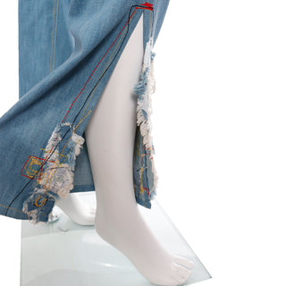 2000s John Galliano Light Wash Denim Flared Jeans With Patchwork Hem and high slits