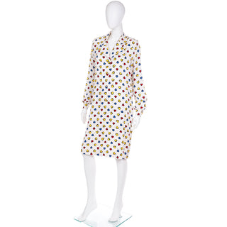 1990s Vintage Lihli Ivory Silk Dress w Colorful Drawn Hearts and heart buttons