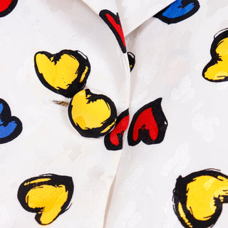 Button Front 1990s Vintage Lihli Ivory Silk Dress w Colorful Drawn Hearts