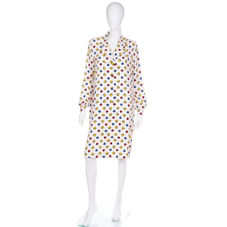 1990s Vintage Lihli Ivory Silk Dress w Colorful Red Yellow and Blue Drawn Hearts