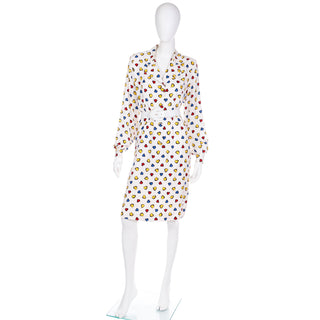 1990s Vintage Lihli Ivory Silk Dress w Colorful Drawn Hearts and Front Buttons