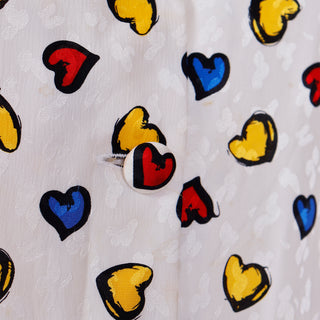 1990s Vintage Lihli Ivory Silk Dress w Colorful Drawn Hearts & Heart Buttons