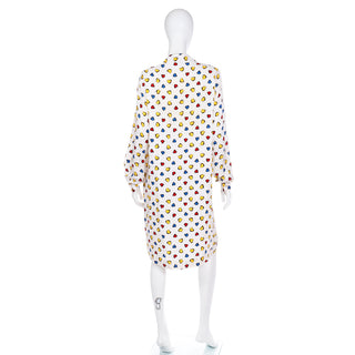 1990s Vintage Lihli Ivory Silk Button Front L/S Dress w Colorful Drawn Hearts
