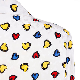 1990s Vintage Lihli Ivory Silk Dress w Bold Colorful Drawn Red Blue and Yellow Hearts