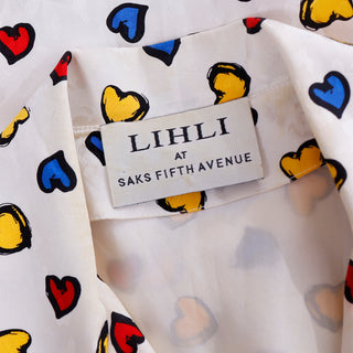 1990s Vintage Lihli Ivory Silk Dress w Colorful Drawn Hearts Saks Fifth Avenue