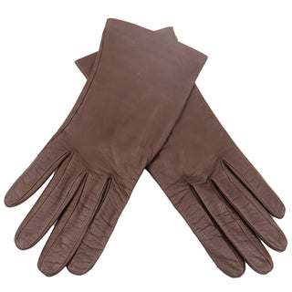 1970s Loewe Vintage Brown Leather Cream Silk Lined Gloves