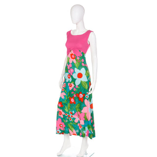 1960s Linen Pink Green & Blue Floral Empire Waist Maxi Dress with bow