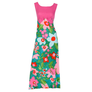 Vintage 1960s Linen Pink Green & Blue Floral Empire Waist Maxi Dress Lisanne