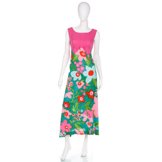 Vintage 1960s Linen Pink Green & Blue Floral Empire Waist Maxi Dress