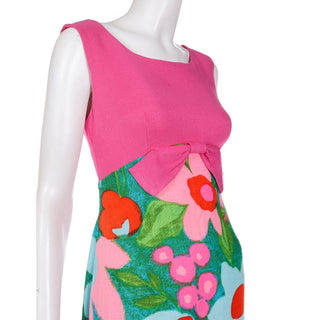1960s Linen Pink Green & Blue Floral Print Empire Waist Maxi Dress