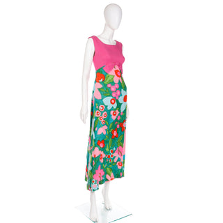 1960s Linen Pink Green & Blue Colorful Floral Empire Waist Maxi Dress
