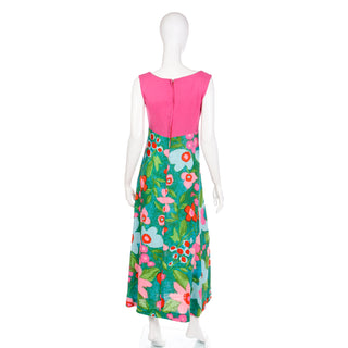 Vintage 1960s Linen Pink Green & Blue Floral Empire Waist colorful Maxi Dress